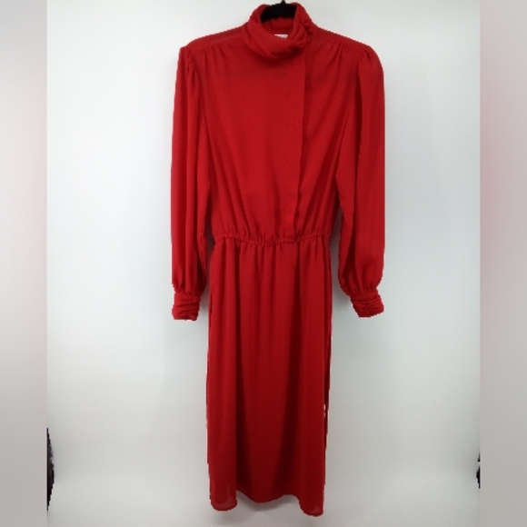 Vintage Ms. Chaus Red Dress 100% Polyester Hidden Buttons Pockets Sheer 10 - Picture 4 of 12